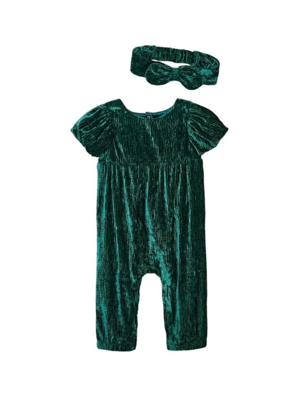 Cat & Jack Green Velvet Puff-Sleeve Baby Romper 12M